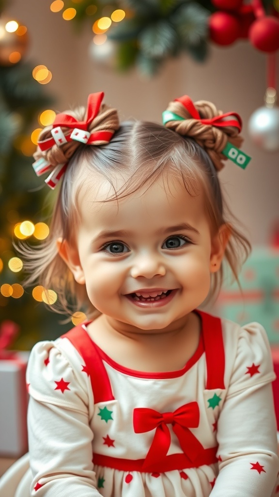 Festive Christmas Hairstyles for Baby Girls A baby girl with twisted pigtails decorated with ribbons, smiling in a Christmas-themed setting.